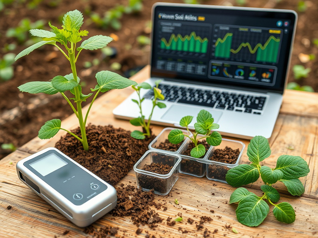 A laptop displays data charts next to potted plants and a soil meter on a wooden table in a garden setting.