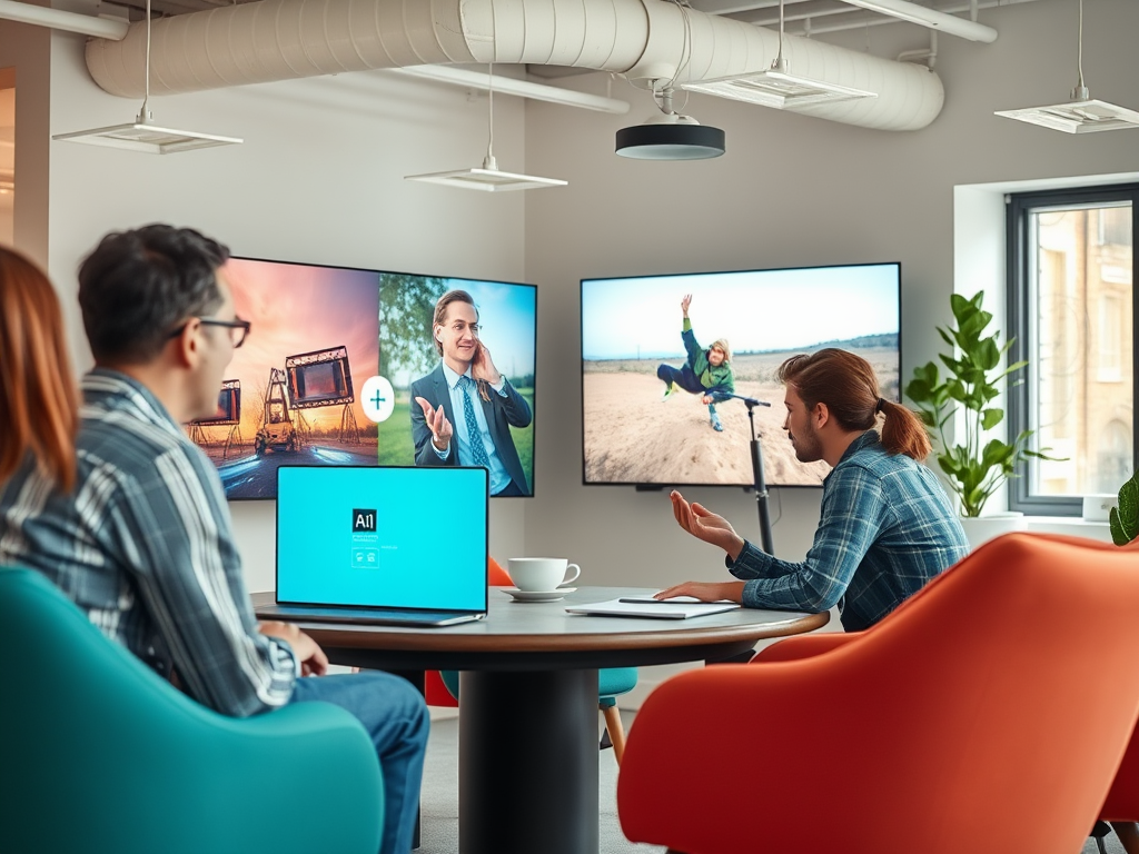 A group meeting with a laptop and multiple screens displaying images and a person speaking, in a modern office setting.