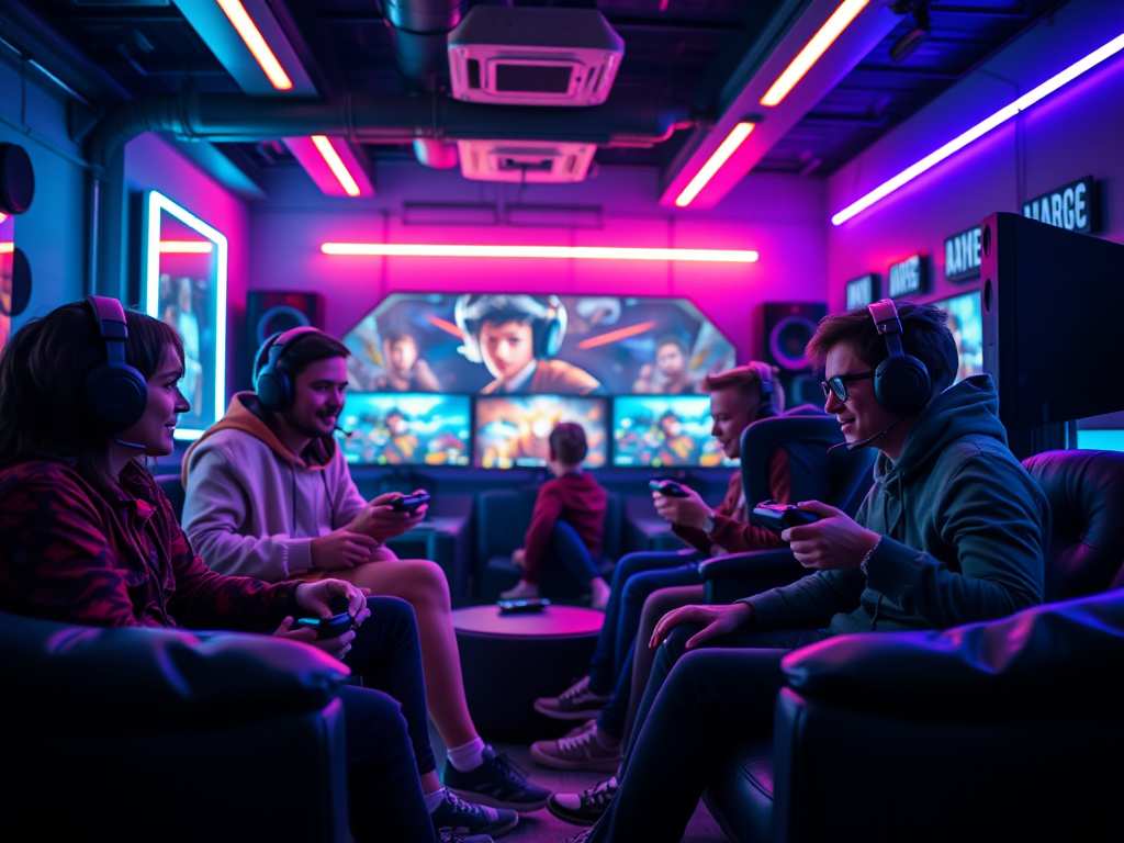 A group of friends plays video games together in a colorful, neon-lit gaming lounge.