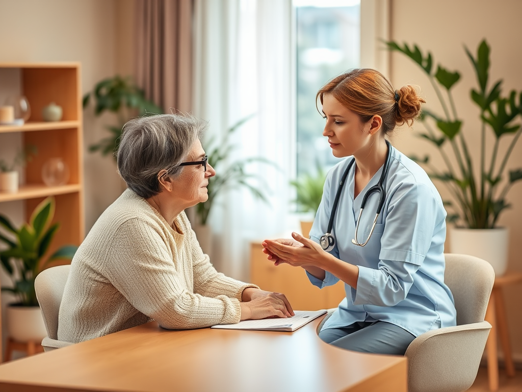 A nurse talks to an elderly woman in a cozy office, discussing health concerns with empathy and care.