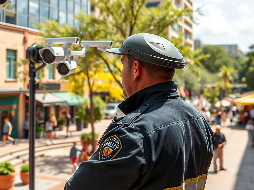 A security officer monitors the area while surveillance cameras are visible behind him in a busy outdoor setting.