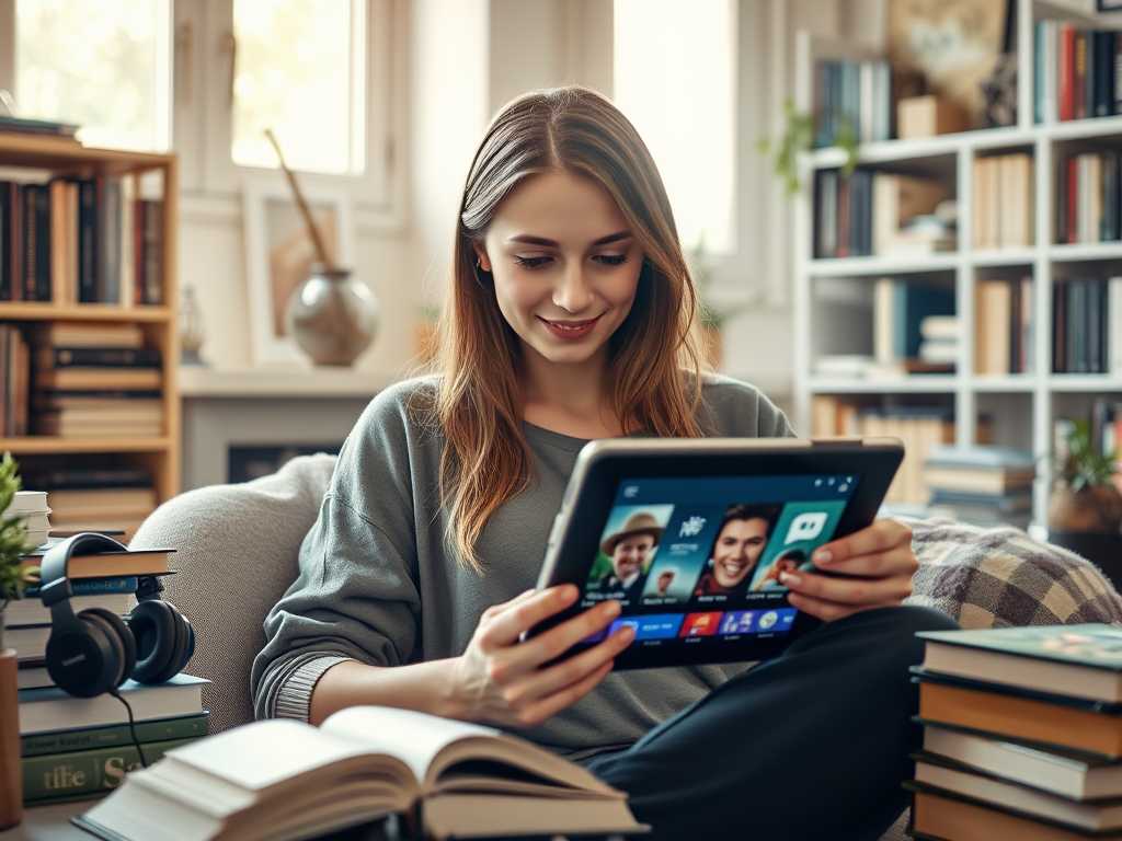 A young woman smiles while using a tablet, surrounded by books, in a cozy living room setting.