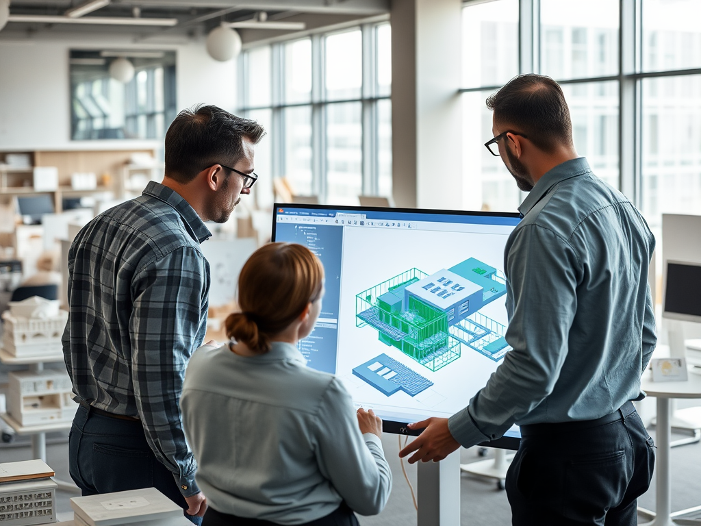 Three professionals analyze a building model on a large screen in a modern office environment.