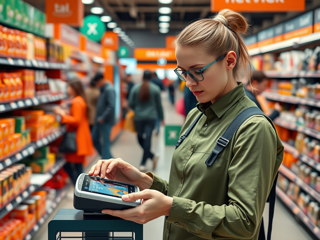 A woman in glasses uses a checkout device in a busy grocery store aisle filled with products.