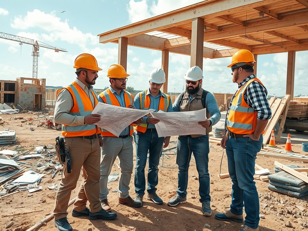 Five construction workers in hard hats and vests discuss blueprints at a building site under a clear sky.