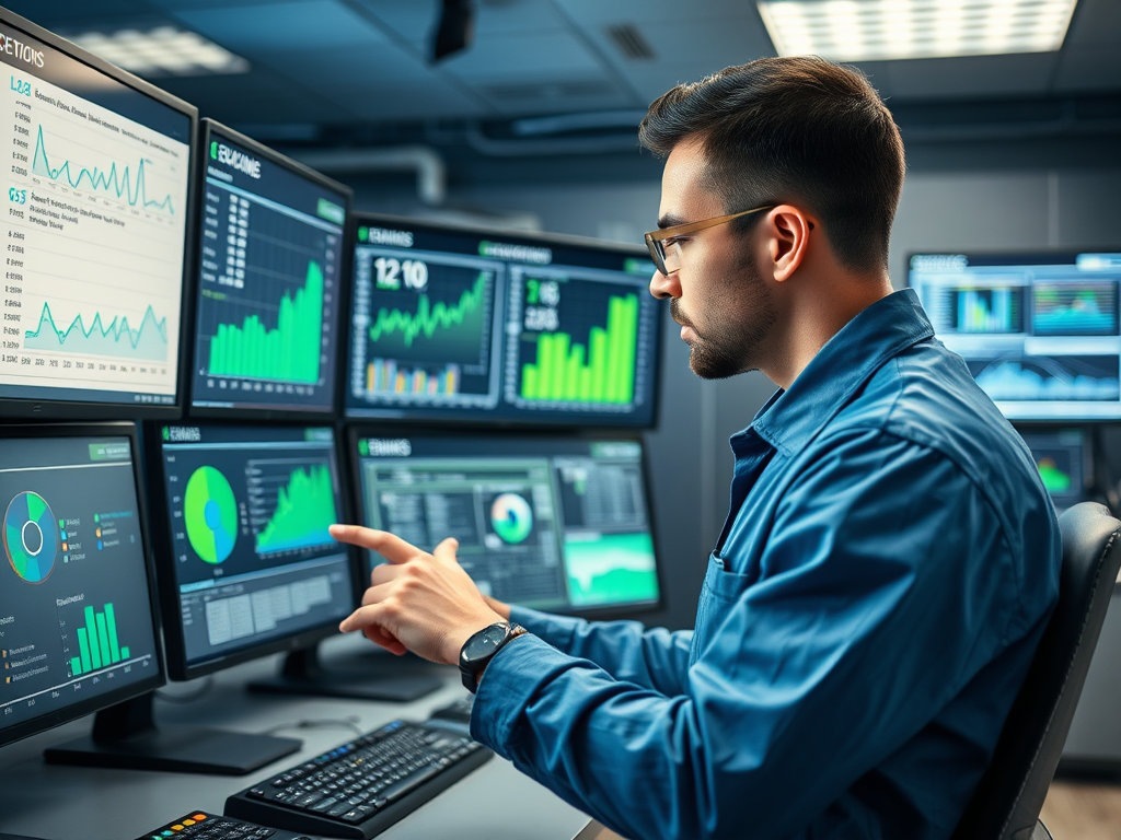 A focused man analyzes data on multiple computer screens displaying various graphs and statistics.