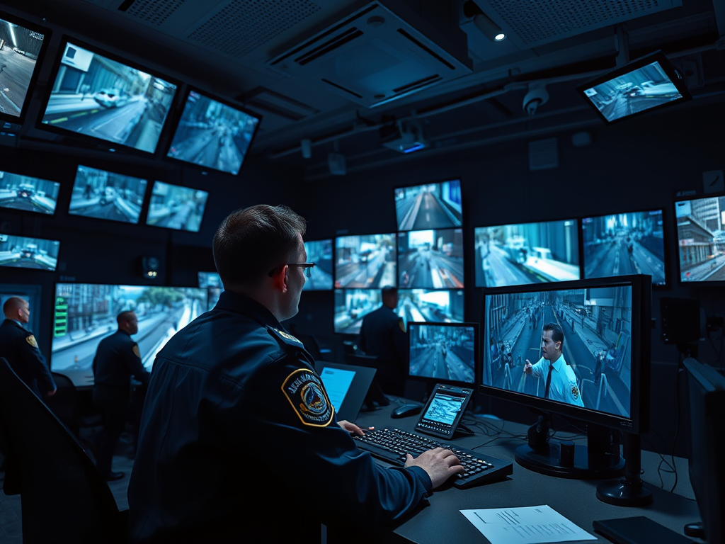 A security officer monitors multiple screens in a control room, observing city traffic and communicating with colleagues.