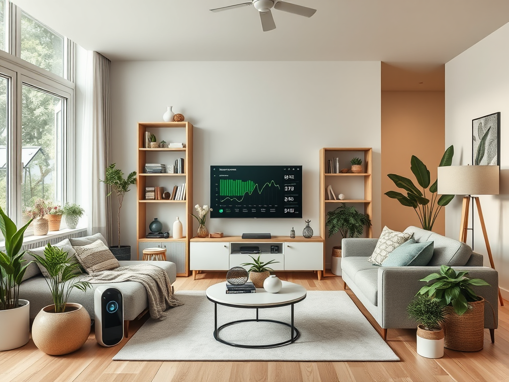 A modern living room featuring plants, a large TV displaying data, cozy furniture, and ample natural light.