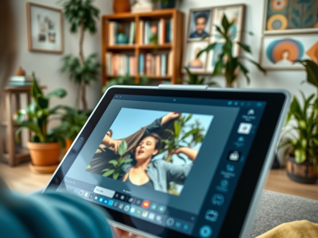 A person is editing a photo of a joyful woman surrounded by plants on a tablet in a cozy, decorated room.