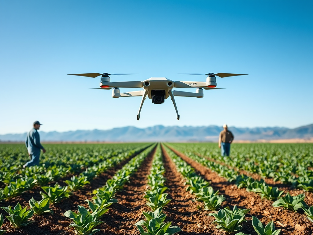 A drone flies over a field while two farmers inspect crops in the background under a clear blue sky.