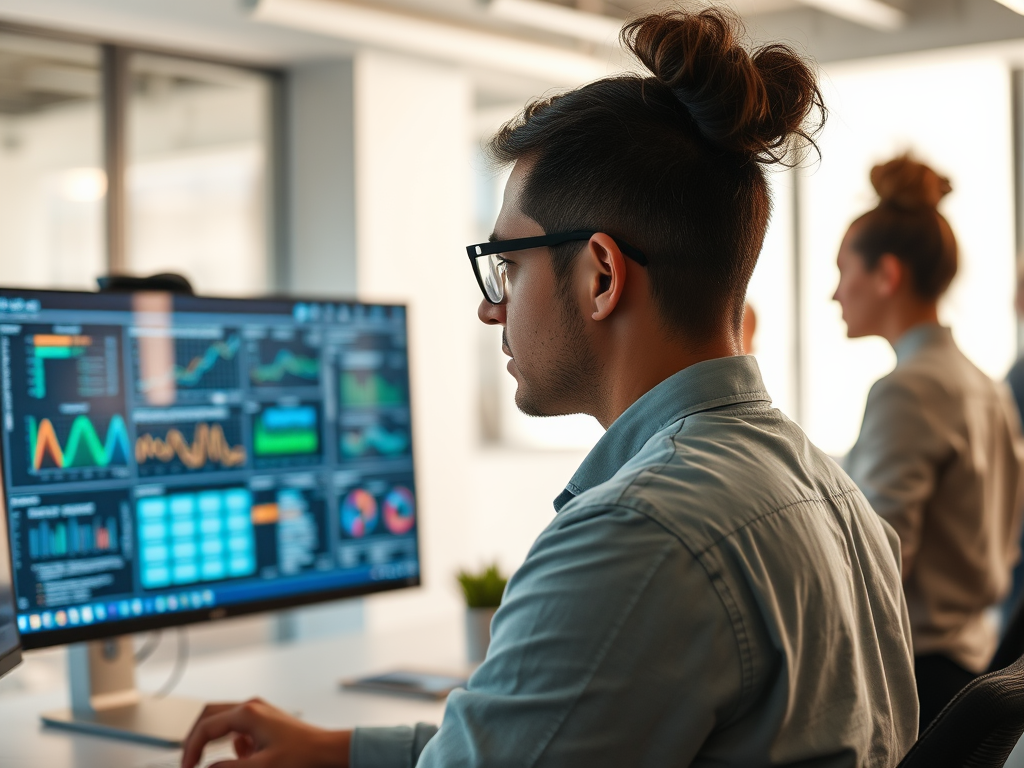 A focused individual works on a computer displaying graphs and data, while another person is visible in the background.