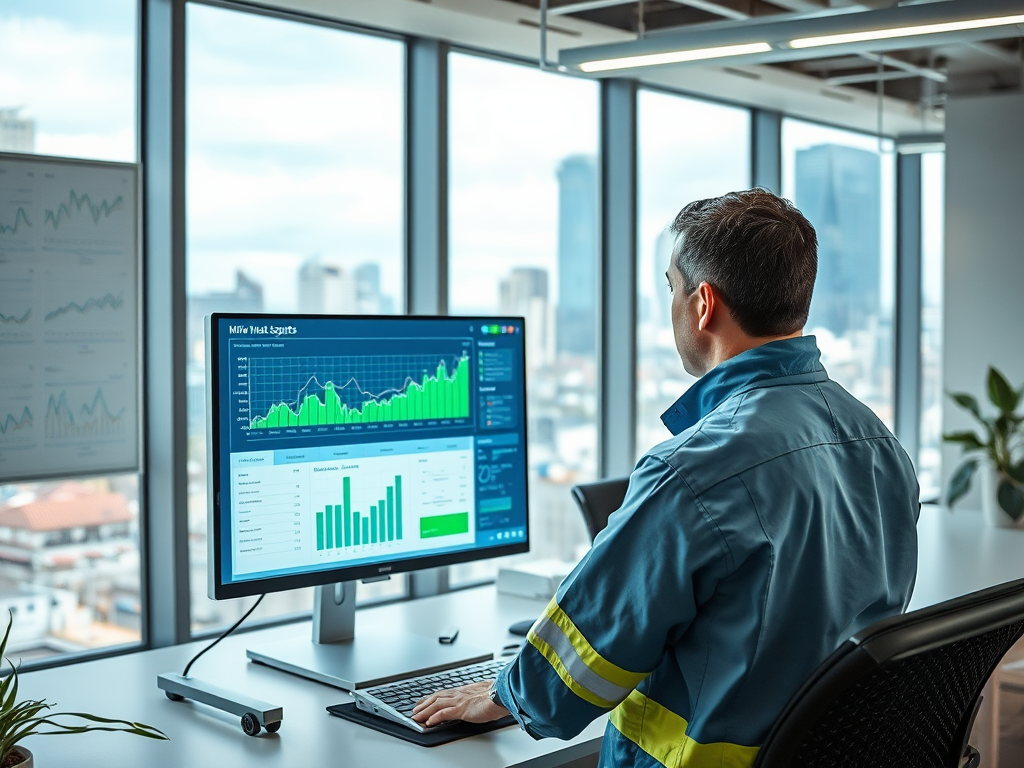 A man in a blue work jacket analyzes data on a computer screen in a modern office with a city view.