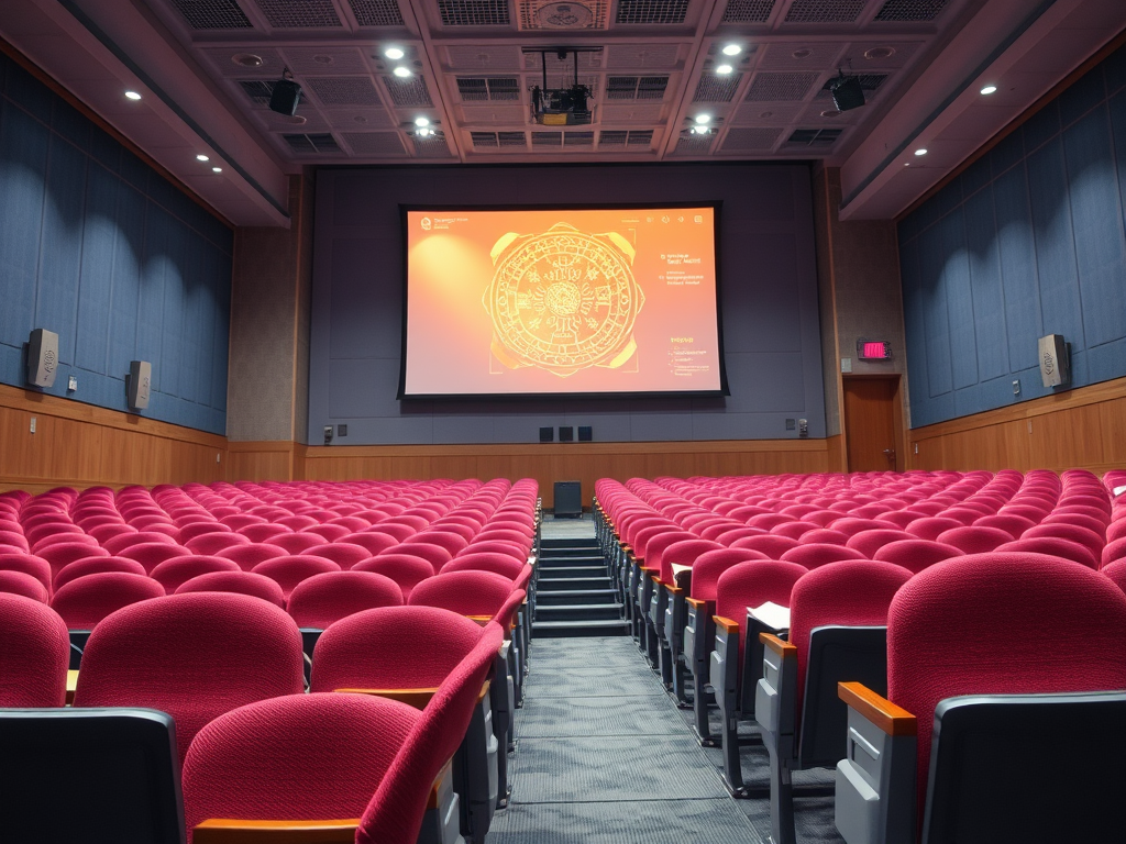 A spacious auditorium with red seats facing a large screen displaying a colorful presentation.