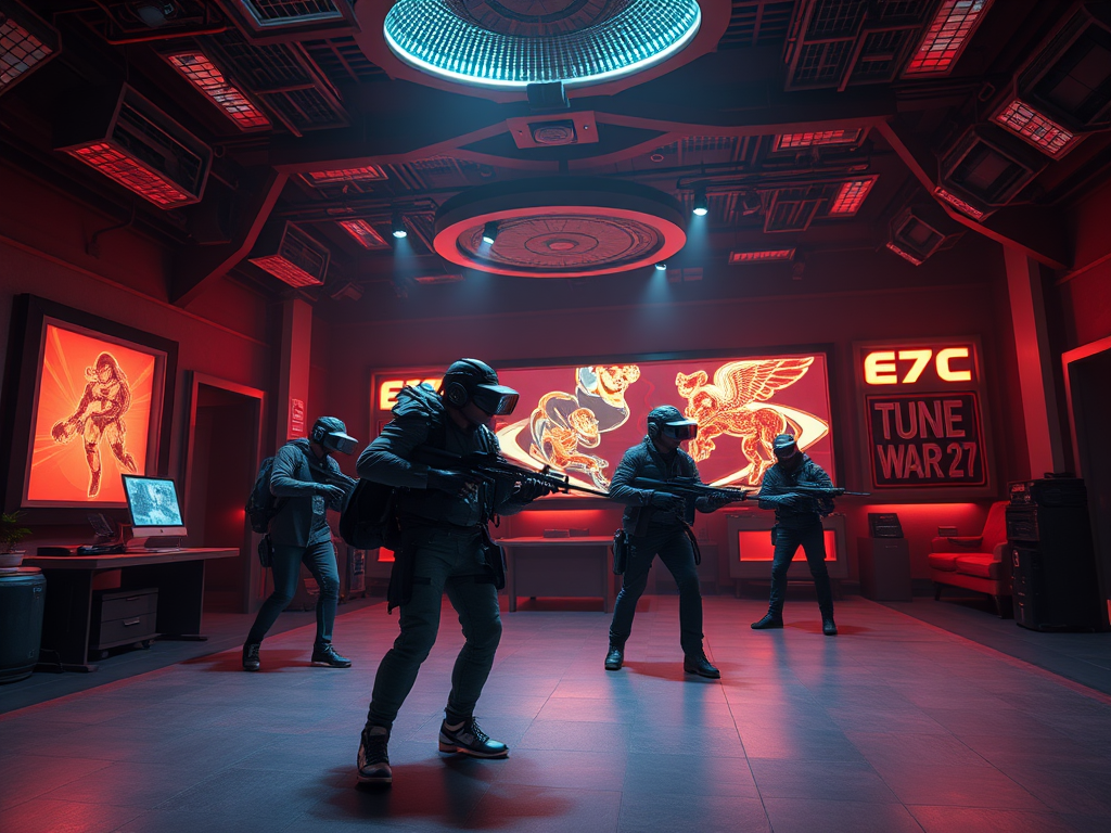 Four armed figures in futuristic gear, with VR headsets, pose in a high-tech, neon-lit room with digital art.