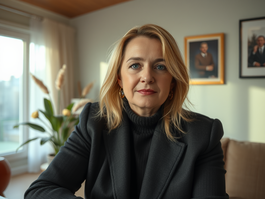 A woman with blonde hair is seated indoors, wearing a black coat and turtleneck, looking directly at the camera.