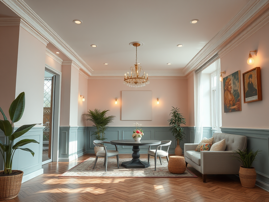 A beautifully designed living room with soft pink walls, elegant furniture, and plants, illuminated by soft lighting.