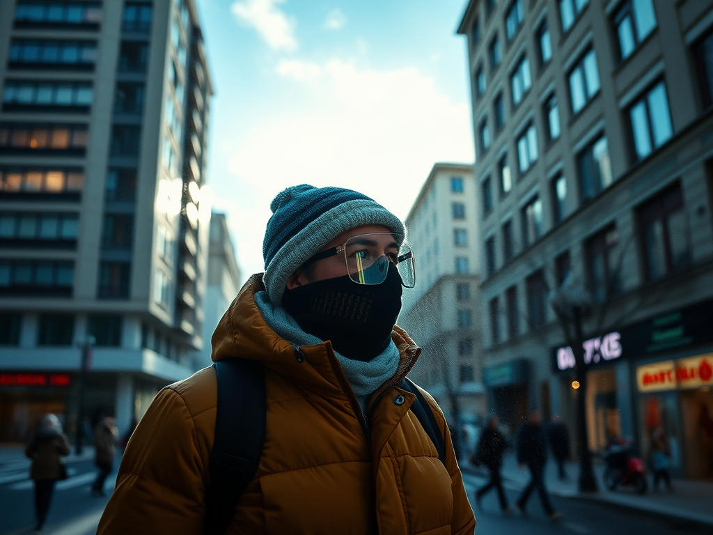 A person in a yellow jacket, scarf, and hat stands on a city street, surrounded by tall buildings and pedestrians.