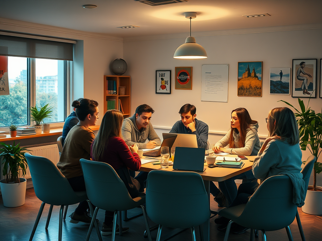 A group of six people collaborates around a table in a well-lit meeting room, focused on a laptop and notes.