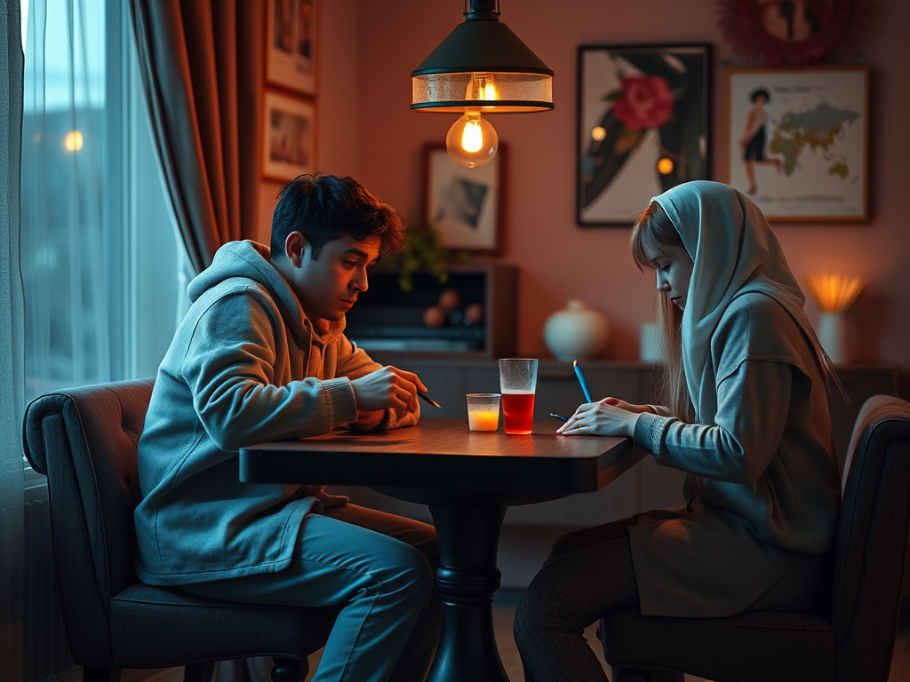 A young man and woman sit at a table in a cozy room, focused on their tasks, with soft lighting around them.