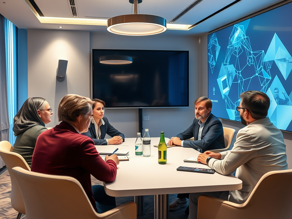 A group of five professionals engaged in a discussion around a table in a modern conference room.