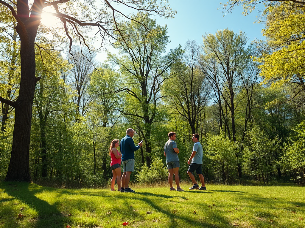 Four people gather in a sunlit forest, surrounded by lush greenery, engaging in conversation.