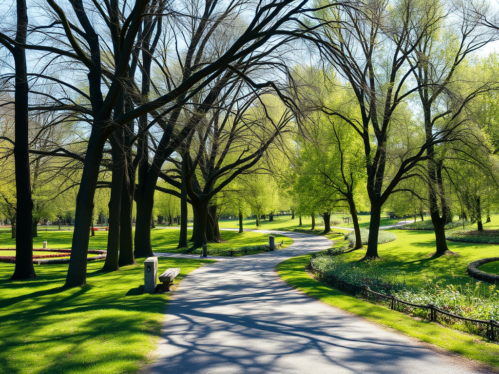 A winding path through a vibrant park with lush green trees and grass under a clear blue sky.