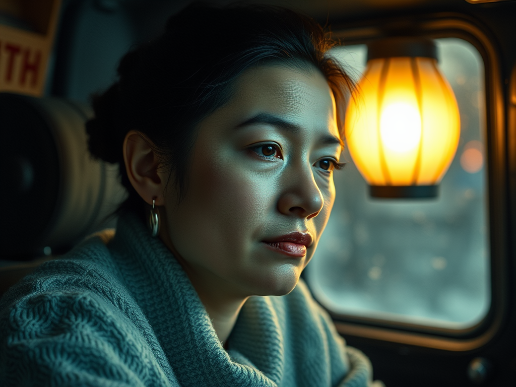 A woman gazes thoughtfully out of a window, illuminated by a warm lamp in a cozy setting.