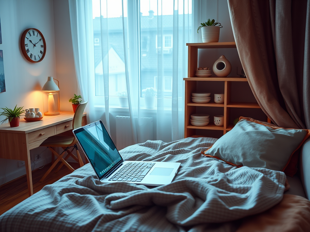 A cozy bedroom with a computer on a bed, a desk with a lamp, and plants near a large window.